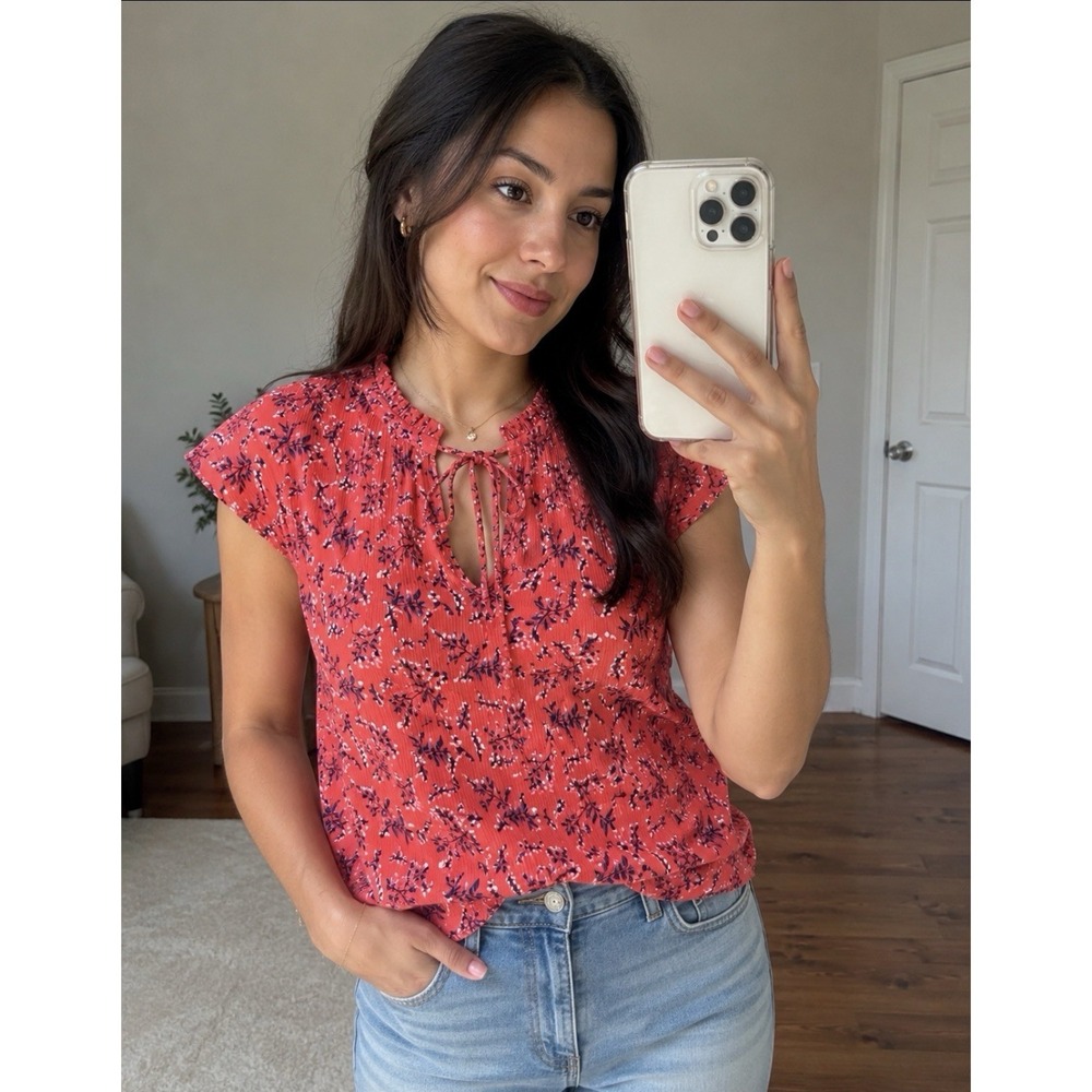 Bobeau Women's Blouse Coral Floral Tie Neck Flutter Sleeve Boho Peasant Top M